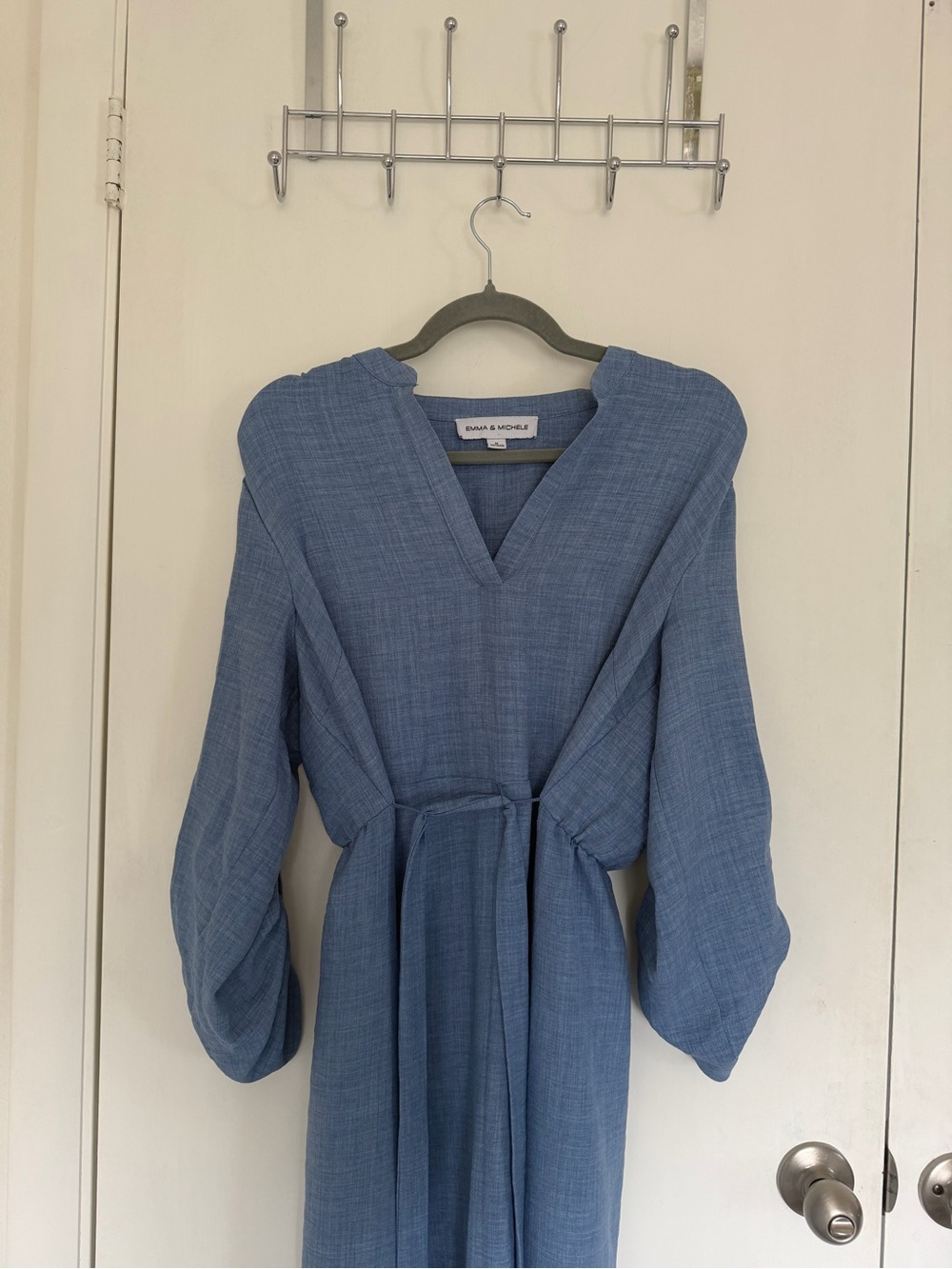 Emma & Michele Dusty Blue V-Neck Maxi Dress with Self-Tie Waist